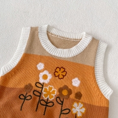 Baby and Toddler Girls' 0-3 Years Cotton Sleeveless Color Patchwork Vest with Embroidered Floral Design Wholesale