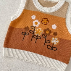 Baby and Toddler Girls' 0-3 Years Cotton Sleeveless Color Patchwork Vest with Embroidered Floral Design Wholesale