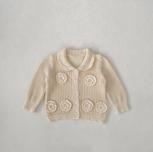 New Autumn Infant Baby Girls Flowers Pattern Embroidery and Hollow Out Design Long Sleeves Single Breasted Knit Cardigan Wholesale
