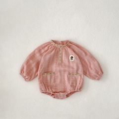 Infant Baby Girls Flowers Embroidery Long Sleeve One Piece Striped Onesies in Autumn Wholesale