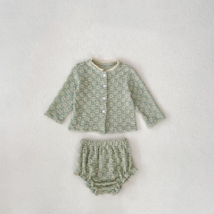 2024 Autumn Infant Baby Girls Flowers Embroidery Pattern Ruffle Neck Long Sleeves Cardigan With Bloomers Sets Wholesale