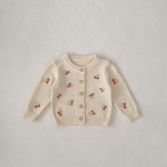 New Autumn Infant Baby Girls Cherry Pattern Embroidery Long Sleeves Single Breasted Knit Cardigan Wholesale