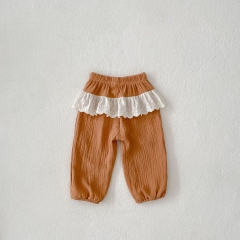 Ins 2024 Baby Girls Embroidery Lace Trim Patchwork Long Pants In Spring&Autumn Wholesale