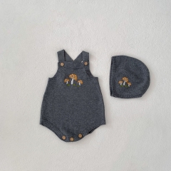 Infant Baby Boys and Girls Mushrooms Embroidery Pattern Sleeveless One Piece Knitted Bodysuit Onesies with Hat Sets in Autumn Wholesale