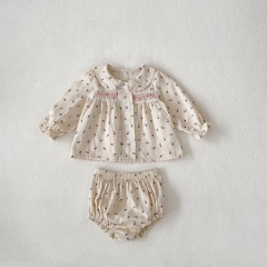 2024 Autumn Infant Baby Girls Flowers and Dots Print Turn-down Collar Long Sleeves Top Shirt With Bloomers Sets Wholesale