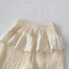 Ins 2024 Baby Girls Embroidery Lace Trim Patchwork Long Pants In Spring&Autumn Wholesale