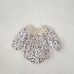 Infant Baby Girls Flowers Print Pleated Long Sleeve One Piece Bodysuit Onesies in Autumn Wholesale