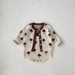 2024 Autumn Infant Baby Girls Mushrooms Jacquard Pattern Crew Neck Long Sleeves Cardigan With Strap Bodysuit Onesies Sets Wholesale