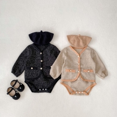 2024 Autumn Infant Baby Kids Girls Fashion Lady Celebrity Style Long Sleeves Open-front Top With Bloomers Sets Wholesale