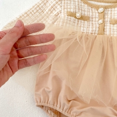 Infant Baby Girls Plaid Pattern Long Sleeve One Piece Tulle Patchwork Bodysuit Onesies Dress in Autumn Wholesale