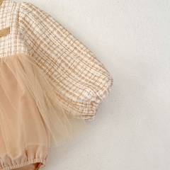 Infant Baby Girls Plaid Pattern Long Sleeve One Piece Tulle Patchwork Bodysuit Onesies Dress in Autumn Wholesale