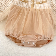Infant Baby Girls Plaid Pattern Long Sleeve One Piece Tulle Patchwork Bodysuit Onesies Dress in Autumn Wholesale