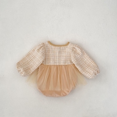 Infant Baby Girls Plaid Pattern Long Sleeve One Piece Tulle Patchwork Bodysuit Onesies Dress in Autumn Wholesale