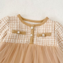 Infant Baby Girls Plaid Pattern Long Sleeve One Piece Tulle Patchwork Bodysuit Onesies Dress in Autumn Wholesale