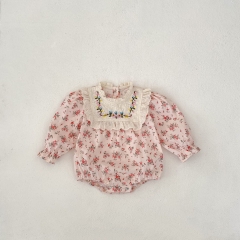 Infant Baby Girls Flowers Print and Embroidery Pattern Long Sleeve One Piece Bodysuit Onesies in Autumn Wholesale