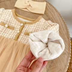 Infant Baby Girls Plaid Pattern Long Sleeve One Piece Tulle Patchwork Bodysuit Onesies Dress in Autumn Wholesale