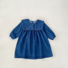 Infant Baby Girls Blue Denim Long Sleeve Bodysuit Onesies and Dress Sister Matching Clothing in Autumn Wholesale