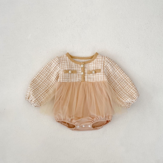 Infant Baby Girls Plaid Pattern Long Sleeve One Piece Tulle Patchwork Bodysuit Onesies Dress in Autumn Wholesale
