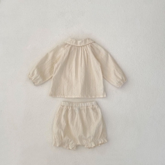 2024 Autumn Infant Baby Kids Girls Simple Solid Color Striped Long Sleeves Open-front Top With Bloomers Sets Wholesale
