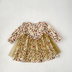 2024 New Arrival Autumn Tulle Patchwork Infant Baby Girls Fashion Leaves Pattern Dress Wholesale