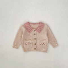 New Autumn Infant Baby Kids Girls Cat's Face Pattern Pocketed Long Sleeves Single Breasted Knit Cardigan Wholesale