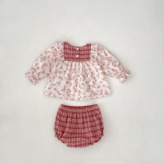 2024 Autumn Infant Baby Kids Girls Floral Long Sleeves Top With Bloomers Sets Wholesale