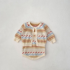 2024 Autumn Infant Baby Unisex Geometric Wave Striped Pattern Long Sleeves Cardigan With Strap Bodysuit Onesies Sets Wholesale