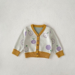 2024 Autumn Infant Baby Girls Cute Apples Pattern Long Sleeves Cardigan With Strap Bodysuit Onesies Sets Wholesale