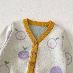 2024 Autumn Infant Baby Girls Cute Apples Pattern Long Sleeves Cardigan With Strap Bodysuit Onesies Sets Wholesale