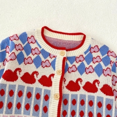 2024 Autumn Infant Baby Unisex Geometric and Swan Pattern Long Sleeves Cardigan With Strap Bodysuit Onesies Sets Wholesale