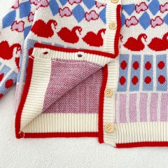 2024 Autumn Infant Baby Unisex Geometric and Swan Pattern Long Sleeves Cardigan With Strap Bodysuit Onesies Sets Wholesale