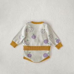 2024 Autumn Infant Baby Girls Cute Apples Pattern Long Sleeves Cardigan With Strap Bodysuit Onesies Sets Wholesale