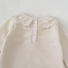 Ins 2024 New Autumn Baby Girls Crew Neck Solid Color Waffle Grid Pullover Knitwear Wholesale