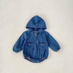 Infant Baby Boys and Girls Solid Color Denim Long Sleeve One Piece Bodysuit Onesies in Autumn Wholesale