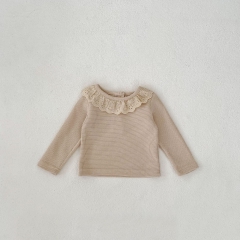 Ins 2024 New Autumn Baby Girls Crew Neck Solid Color Waffle Grid Pullover Knitwear Wholesale