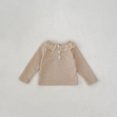 Ins 2024 New Autumn Baby Girls Crew Neck Solid Color Waffle Grid Pullover Knitwear Wholesale