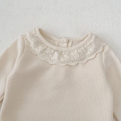 Ins 2024 New Autumn Baby Girls Crew Neck Solid Color Waffle Grid Pullover Knitwear Wholesale