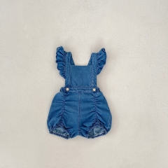 Infant Baby Girls Solid Color Denim Fly Sleeve One Piece Bodysuit Strap Onesies in Autumn Wholesale