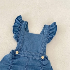 Infant Baby Girls Solid Color Denim Fly Sleeve One Piece Bodysuit Strap Onesies in Autumn Wholesale