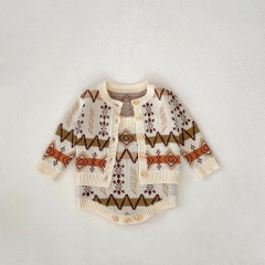 2024 Autumn Infant Baby Unisex Geometric Wave Pattern Long Sleeves Cardigan With Strap Bodysuit Onesies Sets Wholesale