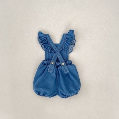 Infant Baby Girls Solid Color Denim Fly Sleeve One Piece Bodysuit Strap Onesies in Autumn Wholesale