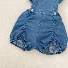 Infant Baby Girls Solid Color Denim Fly Sleeve One Piece Bodysuit Strap Onesies in Autumn Wholesale
