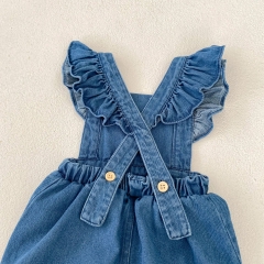 Infant Baby Girls Solid Color Denim Fly Sleeve One Piece Bodysuit Strap Onesies in Autumn Wholesale