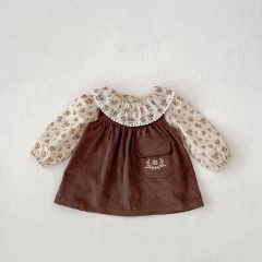 2024 Autumn Infant Baby Kids Girls Floral Long Sleeves Top With Embroidery Sleeveless Dress Sets Wholesale