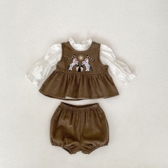 2024 Autumn Infant Baby Kids Girls Solid Color Long Sleeves Top With Embroidery Top Dress+Bloomers Sets Wholesale