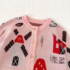 2024 Autumn Infant Baby Girls Farm Elements Pattern Long Sleeves Cardigan With Knitted Strap Bodysuit Onesies Sets Wholesale