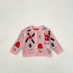 2024 Autumn Infant Baby Girls Farm Elements Pattern Long Sleeves Cardigan With Knitted Strap Bodysuit Onesies Sets Wholesale