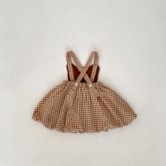 2024 Autumn Infant Baby Kids Girls Teddy Print Long Sleeves Top With Plaid Sleeveless Dress Sets Wholesale