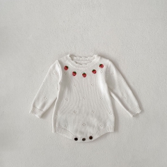 Infant Baby Girls Strawberry Embroidery Pattern Knitted One Piece Bodysuit Onesies in Autumn Wholesale