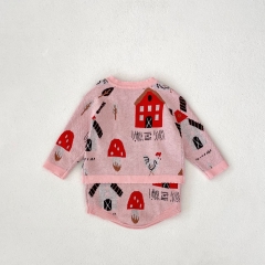 2024 Autumn Infant Baby Girls Farm Elements Pattern Long Sleeves Cardigan With Knitted Strap Bodysuit Onesies Sets Wholesale